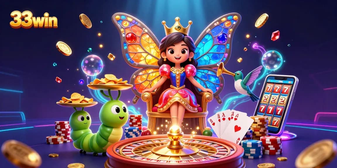 Win big with 33win in a vibrant online casino scene featuring a butterfly queen and dynamic gaming elements.