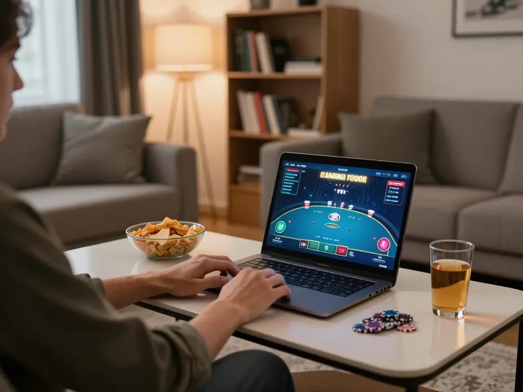 Engaged player using rikvip app on poker laptop in cozy home setting for responsible gambling.