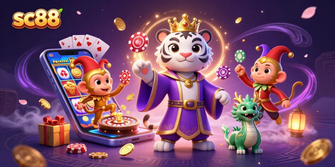 See sc88 engaging casino action with a tiger, monkey, and animated jade dragon.