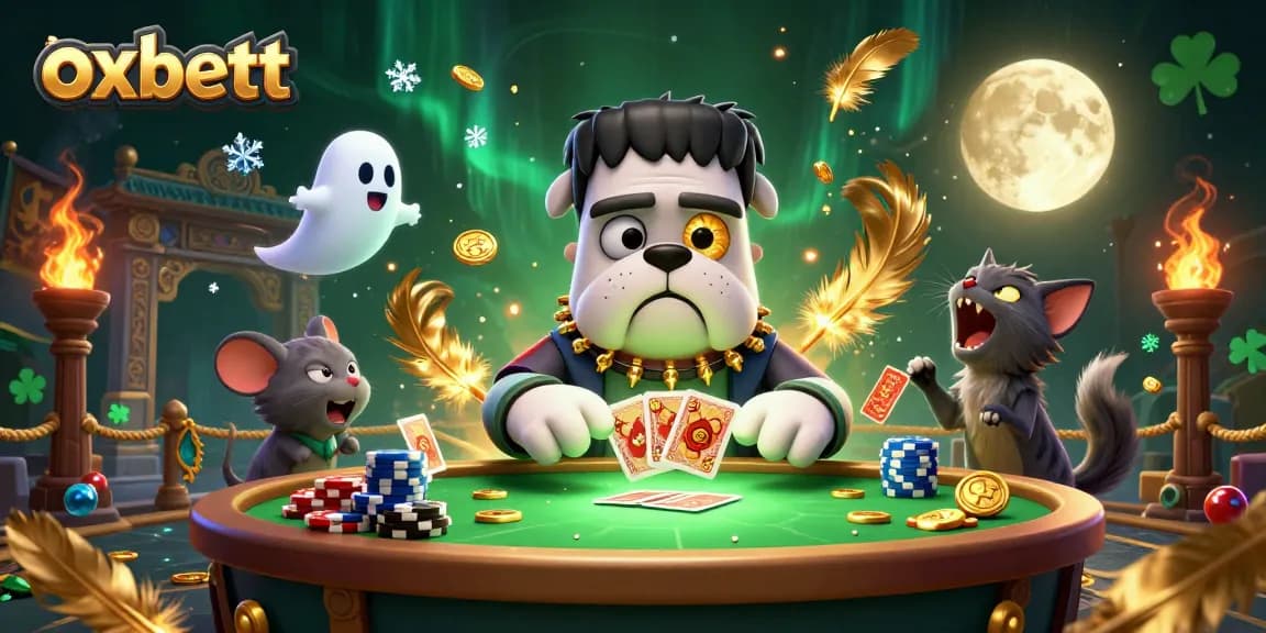 Engage in gameplay with Oxbett's vibrant casino characters at a spooky table filled with excitement.