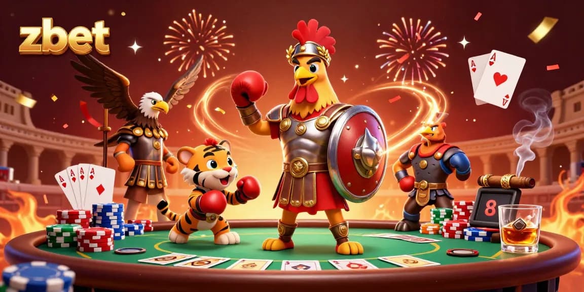 zbet showcases thrilling gameplay with a gladiator rooster and tiger cub in a vibrant casino scene.