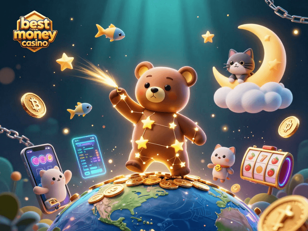 Engage with the best real money casino in a vibrant scene featuring stars, coins, and exciting gaming elements.