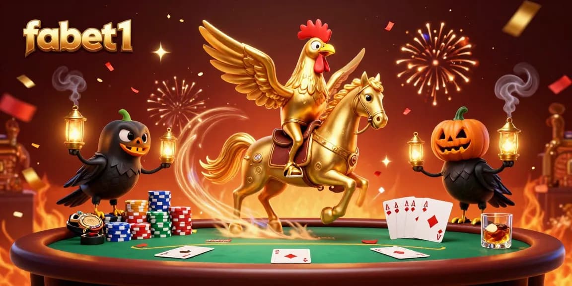 Experience the excitement of fabet1 with a golden rooster in a vibrant casino scene.