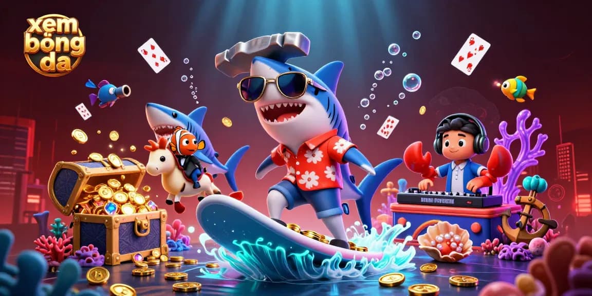 Xem bóng đá today with vibrant characters enjoying underwater treasure and action-packed gaming elements in a lively scene.