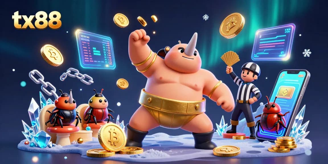 Experience the excitement of tx88 as a rhinoceros beetle champion stomps with flying coins in a vibrant 3D casino scene.