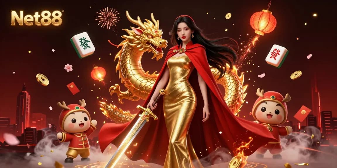 Experience thrilling gameplay at Net88 with a warrior queen surrounded by festive elements and casino themes.