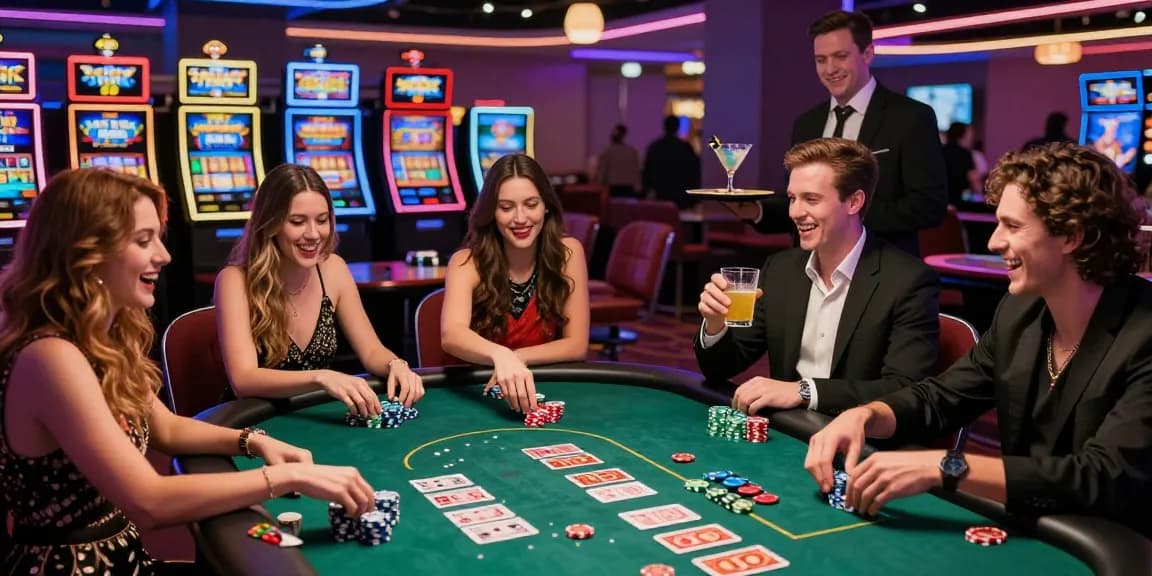 Friends enjoying rokok88 at a vibrant poker table in a lively casino.