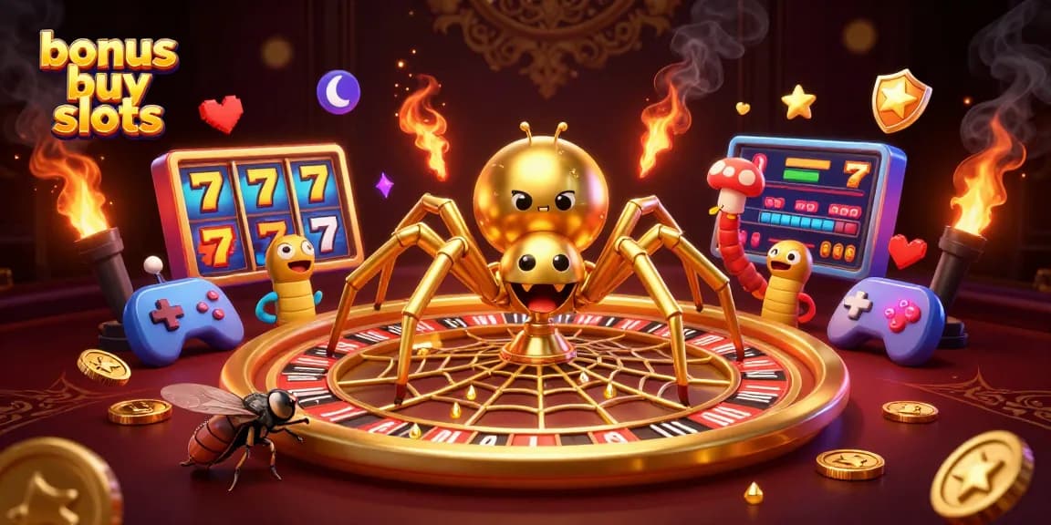 Engage with exciting bonus buy slots, featuring a golden spider spinning roulette web and animated games.