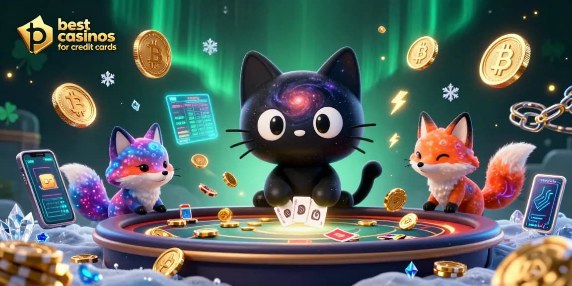 Engage with the best casinos for credit cards featuring a black hole cat and nebula fox in a vibrant casino setting.
