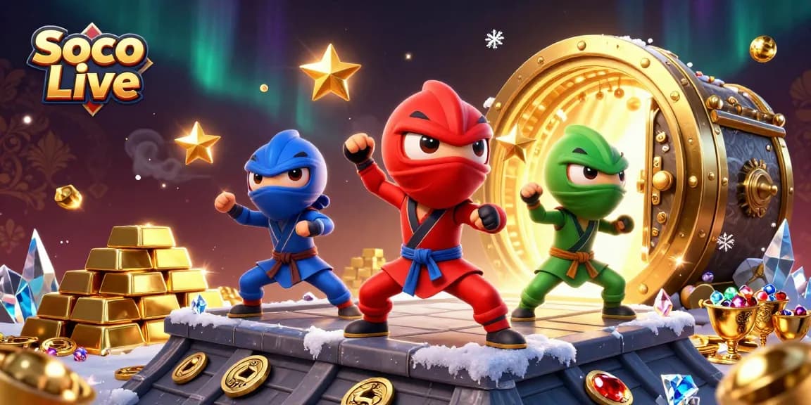 Soco Live showcases a vibrant seamless scene of ninja chameleons amidst casino excitement.