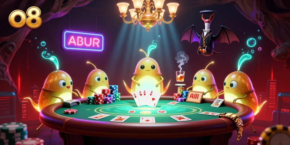 Play poker at O8's lively 3D casino illuminated by glowworms, showcasing vibrant gameplay elements.