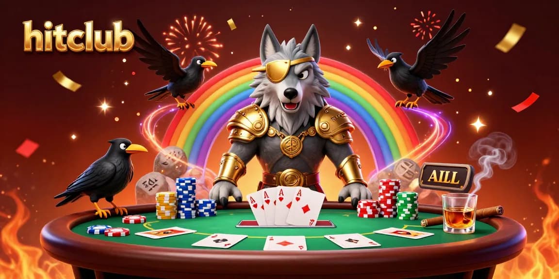 Join the hitclub at our colorful casino scene showcasing a 3D Odin wolf surrounded by poker action.