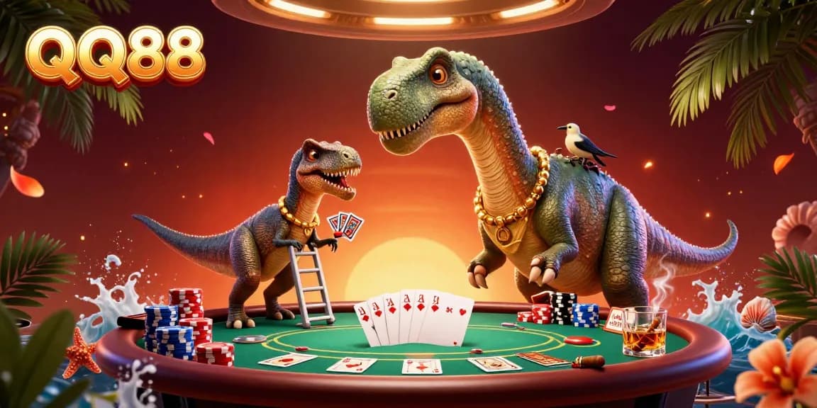 Experience thrilling poker action with QQ88, where a massive brontosaurus looms over the table.