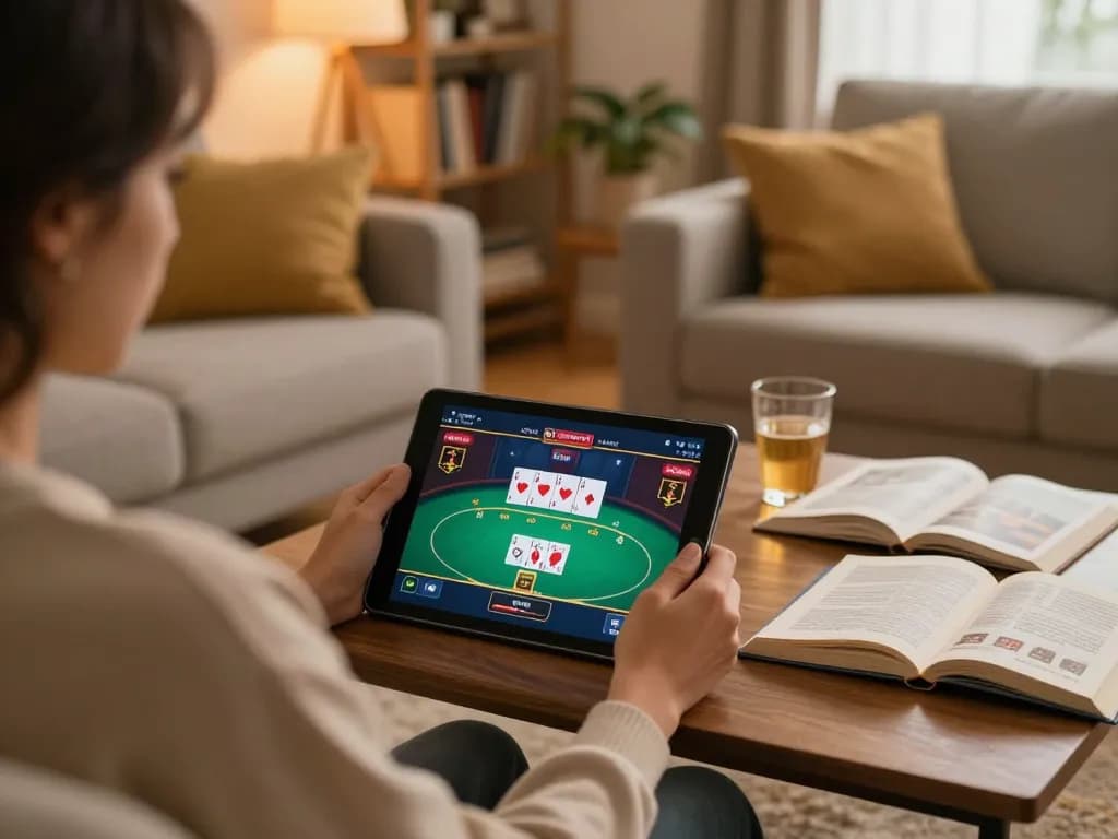 CM88 COM player engaging in online poker gaming from their cozy living room environment.