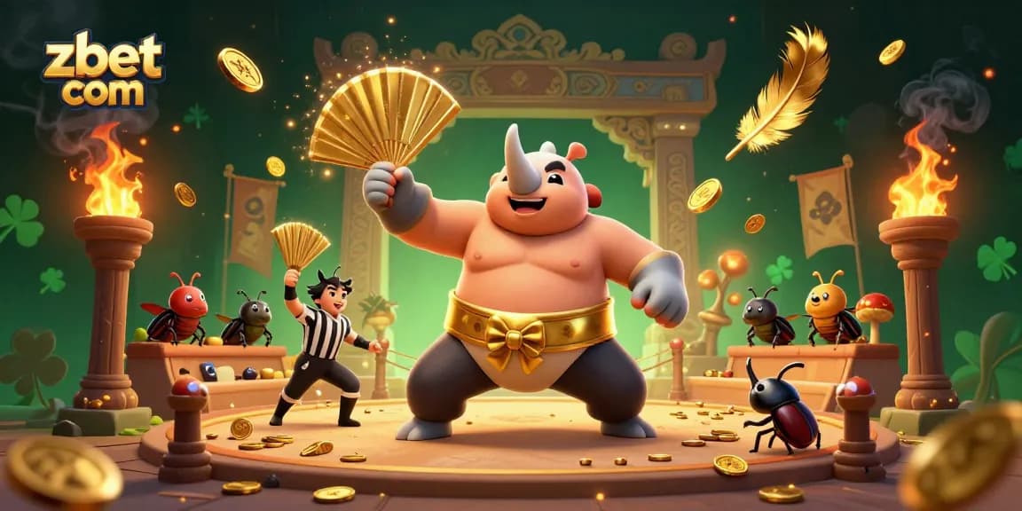 Engage with zbet com in a dynamic gambling arena featuring a sumo champion beetle and golden coins.