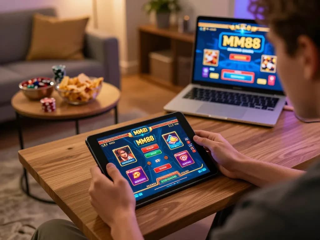 Engaging gaming moment with MM88 brand interface showcased on a tablet during a home gambling session