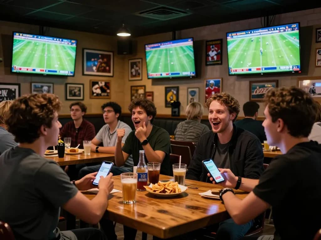 CAKHIATV betting enthusiast engaging on smartphone during live football match in a sports bar.