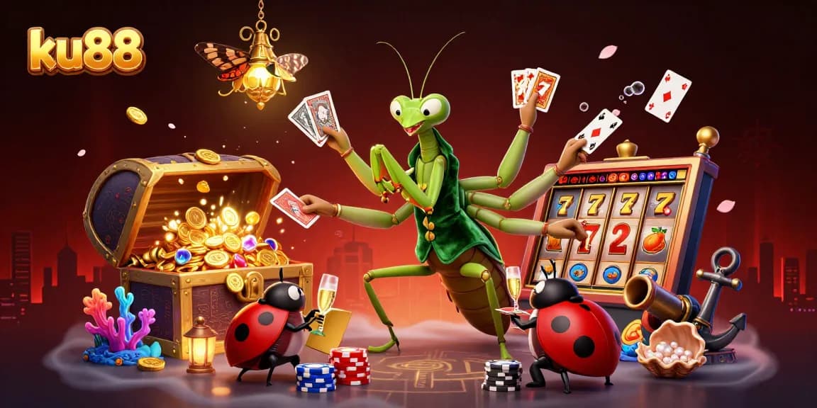 ku88 slot game scene with 3D mantis dealer, ladybug pit boss, and slot reels