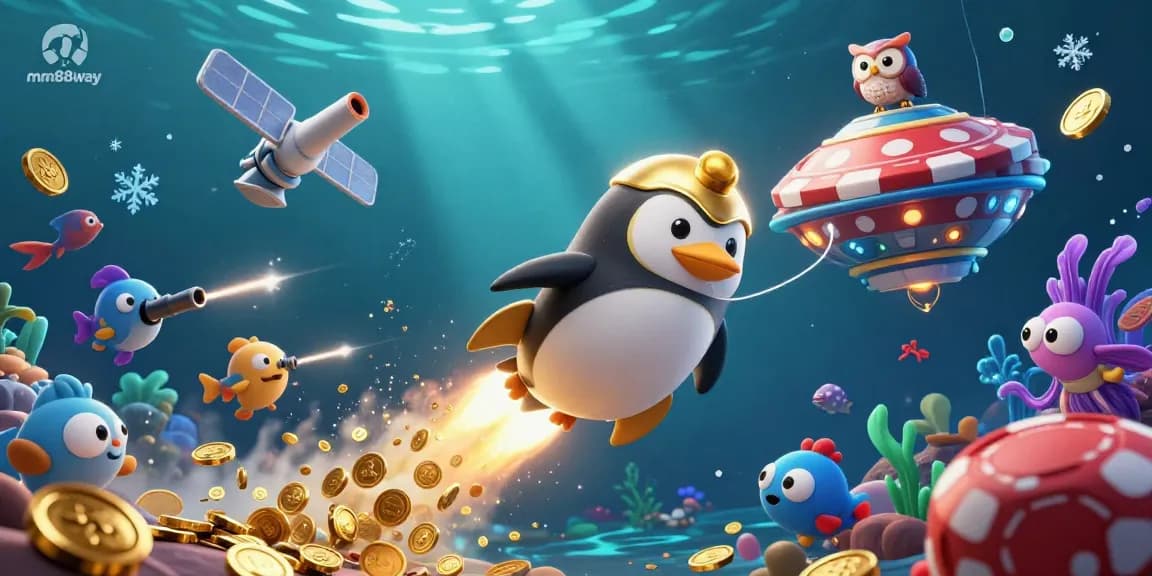 Experience thrilling fish shooting action with mm88way's vibrant underwater casino adventure illustration.