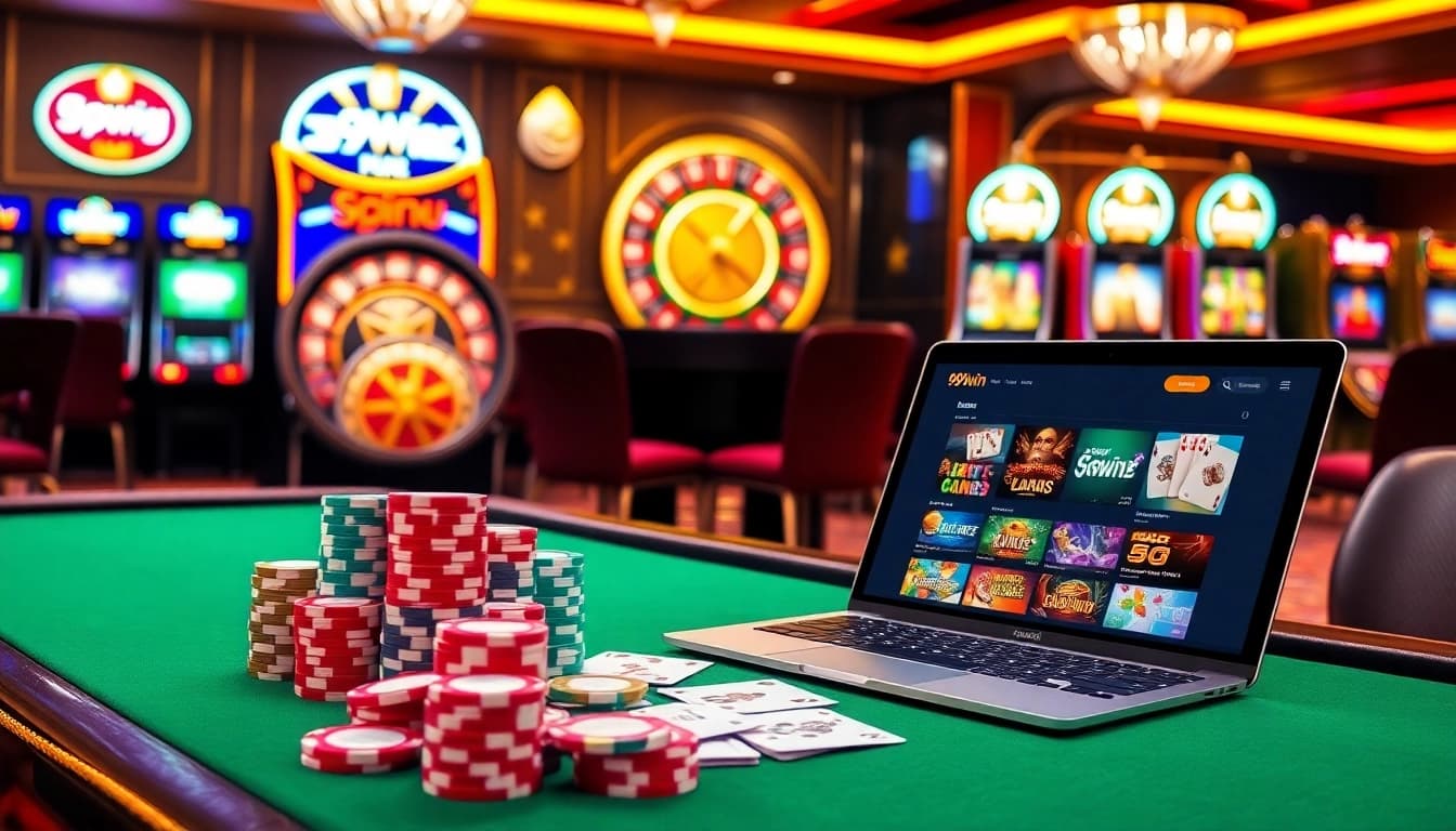 Experience the thrill of 99win with vibrant casino visuals featuring poker and roulette.