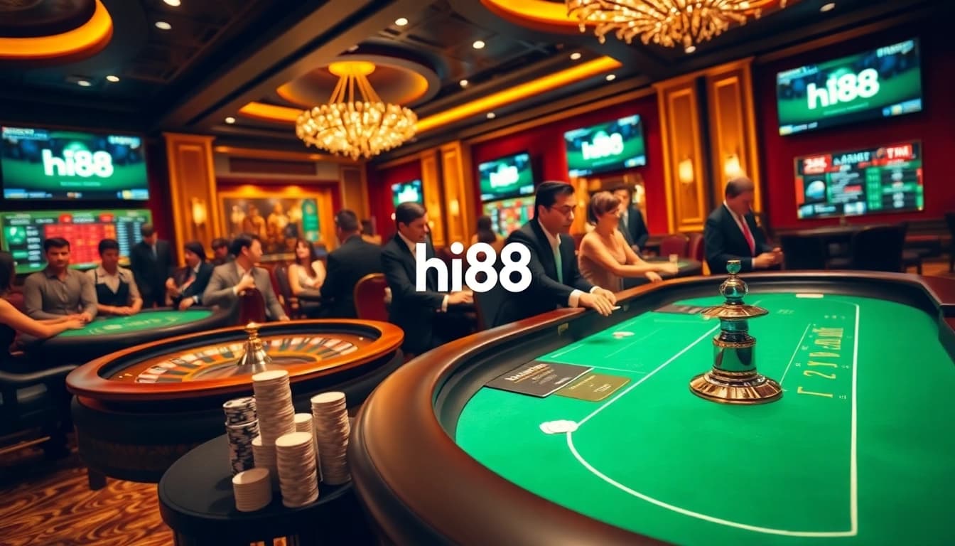 Experience the thrill of gambling at Hi88 casino with vibrant tables and excited players.