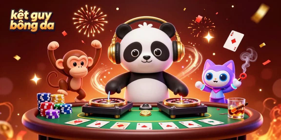 Celebrate kết quả bóng đá with a vibrant scene featuring animated characters and poker elements.