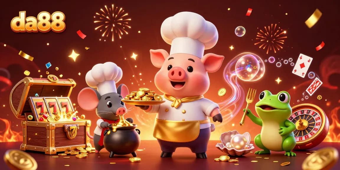 da88 casino-themed illustration showcasing a chef pig serving gold coins with engaging game elements