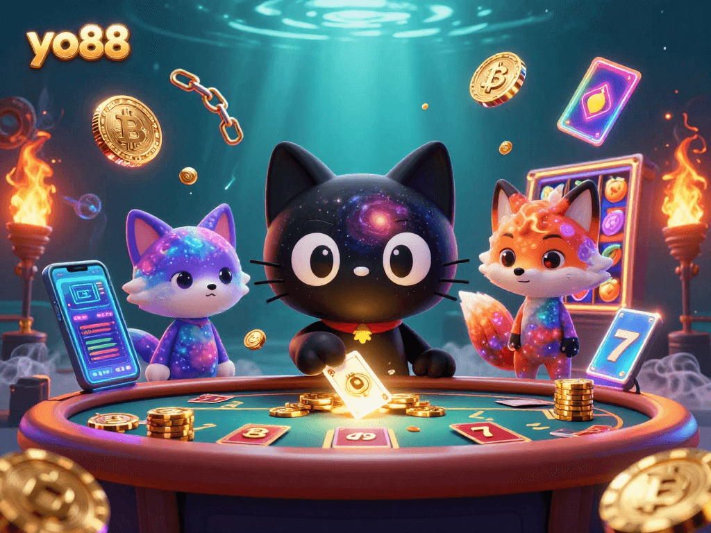 Engaging cosmic casino scene at yo88 with playful characters attracting crypto symbols