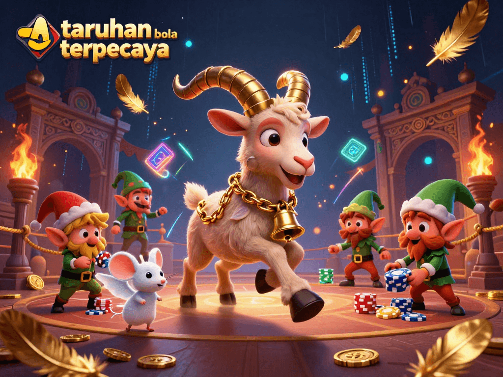 Experience taruhan bola terpercaya in a dynamic holiday-themed casino scene with engaging characters.