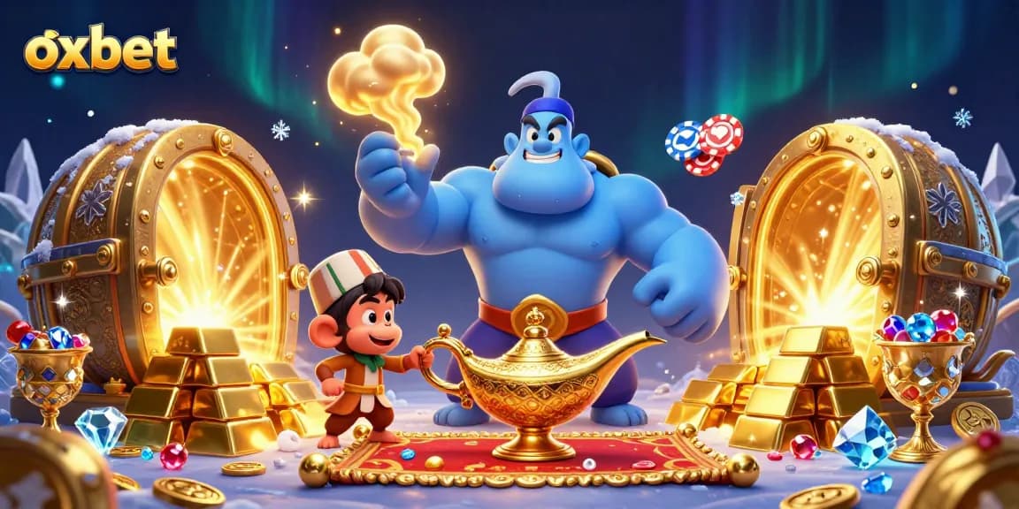 Experience the thrilling world of oxbet with a magical casino illustration featuring a genie and poker elements.
