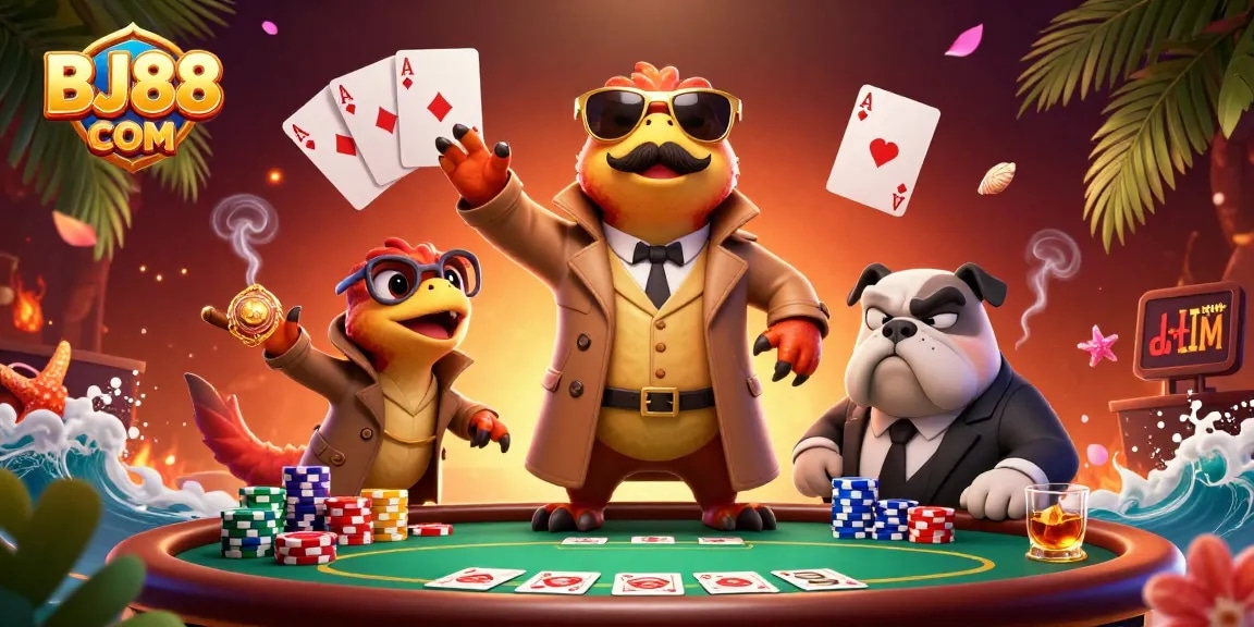 Engage in thrilling gameplay at BJ88 COM, showcased by three raptors in disguise at a poker table.