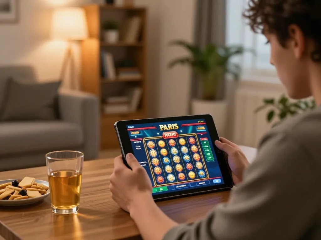 Engaging in slot paris gameplay on a tablet in a cozy, inviting home setting.