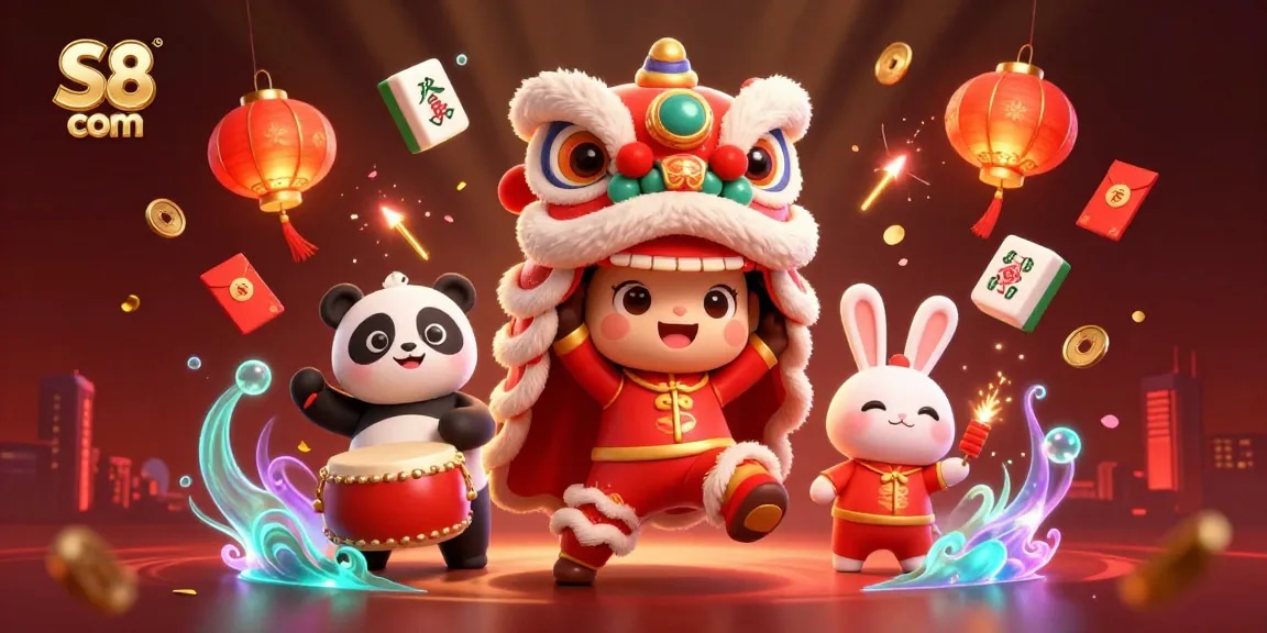 Engage with S8 com in a vibrant 3D illustration featuring dynamic characters and festive gaming elements.