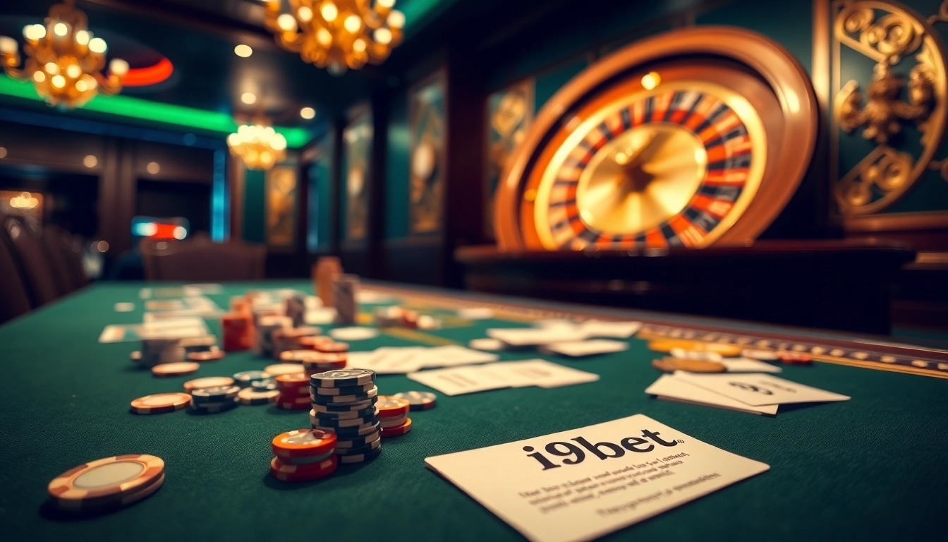 Betting table at i9bet featuring exciting action with cards, chips, and a roulette wheel.