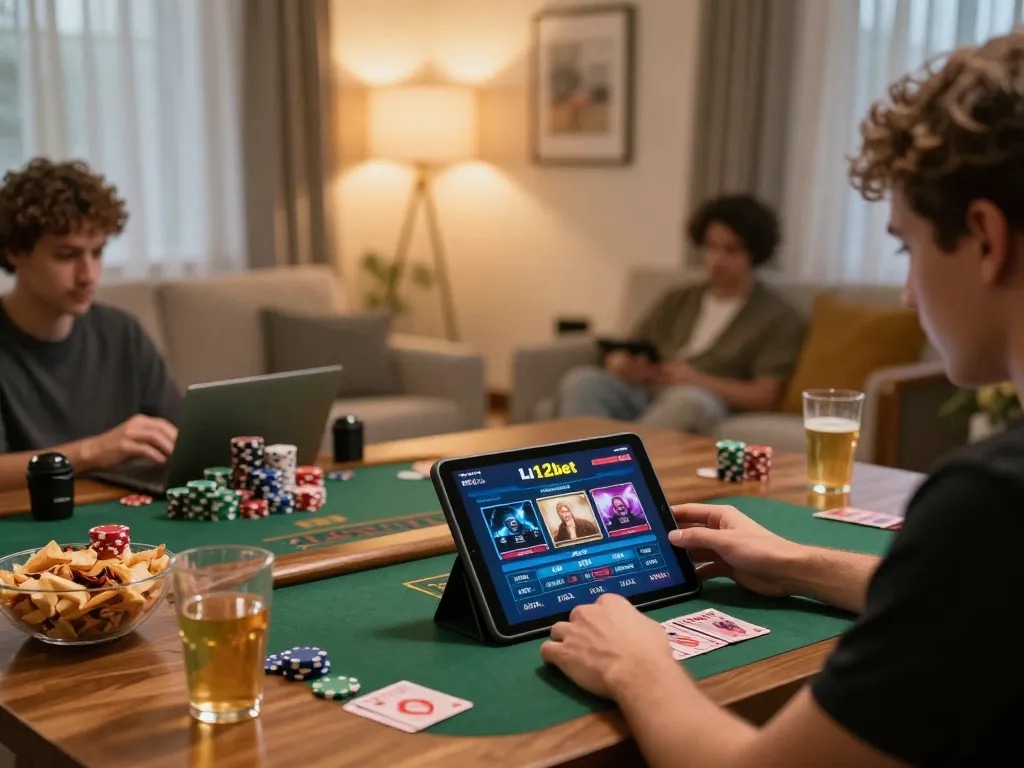 Không khí hấp dẫn của trò chơi đánh bạc trực tuyến với giao diện Link 12bet được hiển thị, thể hiện việc chơi game có trách nhiệm.