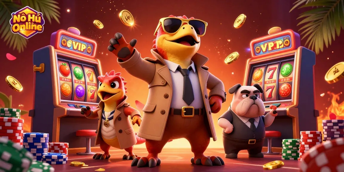 Nổ Hũ Online captures dynamic slot gaming action with raptors in a trench coat at a VIP casino entrance.