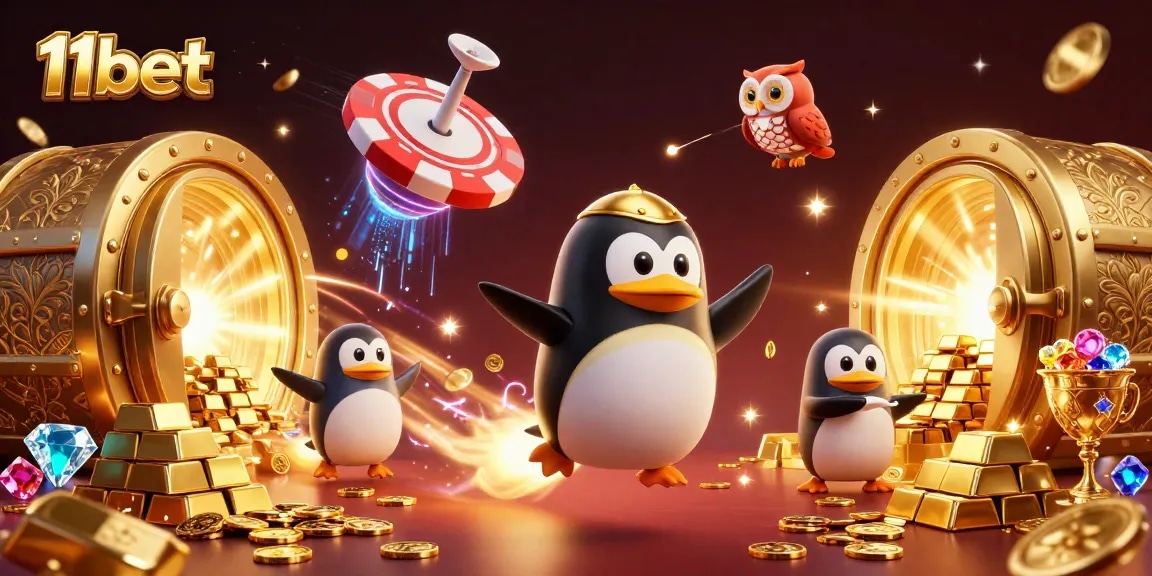 Bet big with 11bet as a rocket-powered penguin navigates a casino space scene