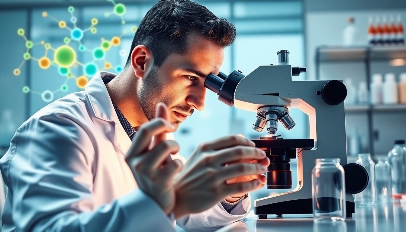 Analyze peptides under a microscope in a well-lit modern laboratory setting.