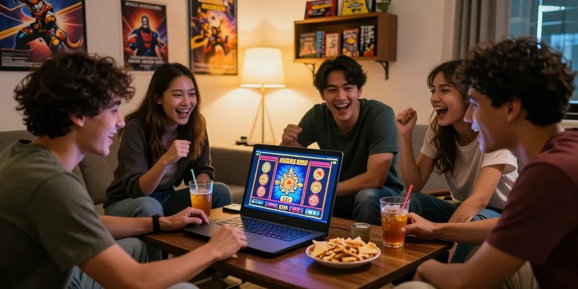 Friends enjoying a lively online gaming session focused on slot88 resmi in a cozy living room.