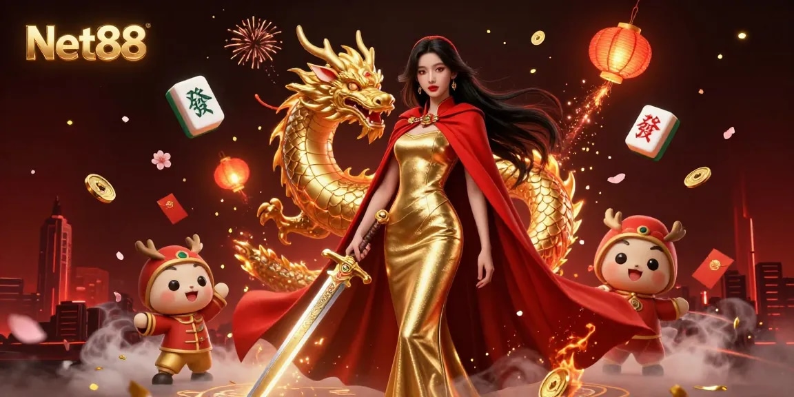 Experience thrilling gameplay at Net88 with a warrior queen surrounded by festive elements and casino themes.