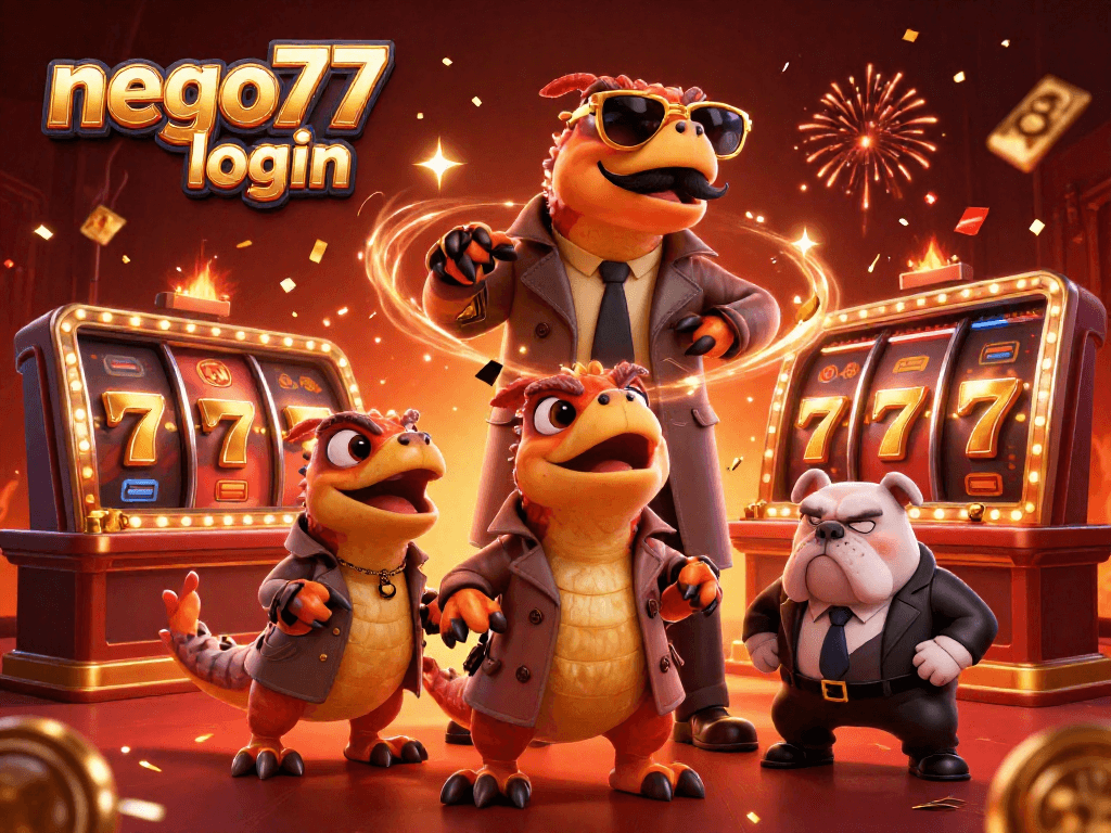 Experience the excitement of casino gaming with nego77 login, featuring raptors in disguise and vibrant slot reels.