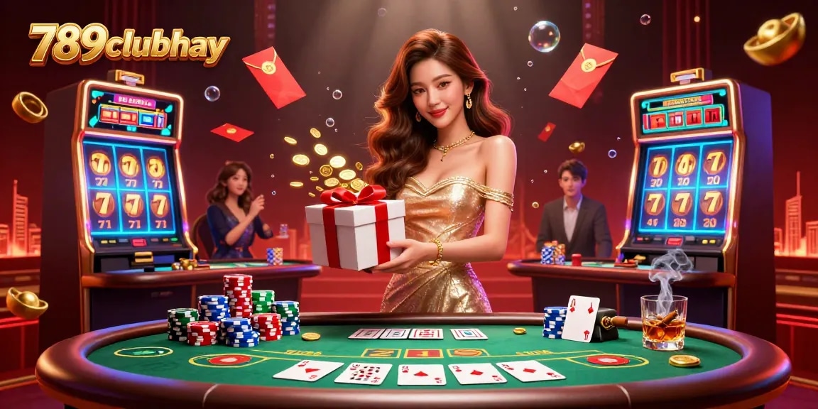 Win with 789clubhay in a dynamic casino scene featuring festive Lunar New Year decorations and slot elements.
