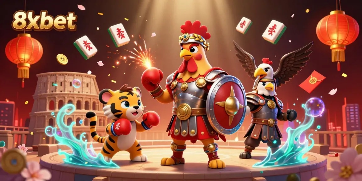 Engage with the thrilling 8xbet experience, featuring a gladiator rooster in a dynamic casino scene.