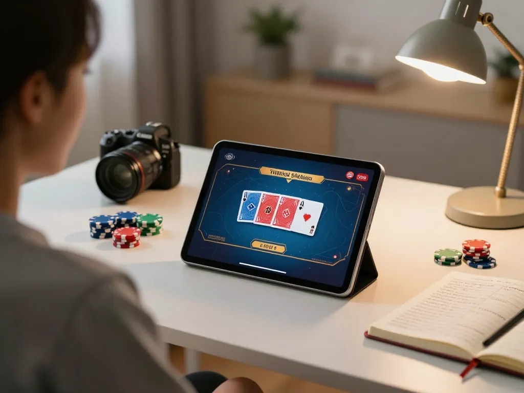 Player enjoying poker on f8bet tablet with betting strategies in a cozy home office atmosphere.