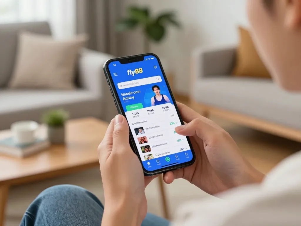 Person using the fly88 com betting app for sports wagering in a cozy home setting.