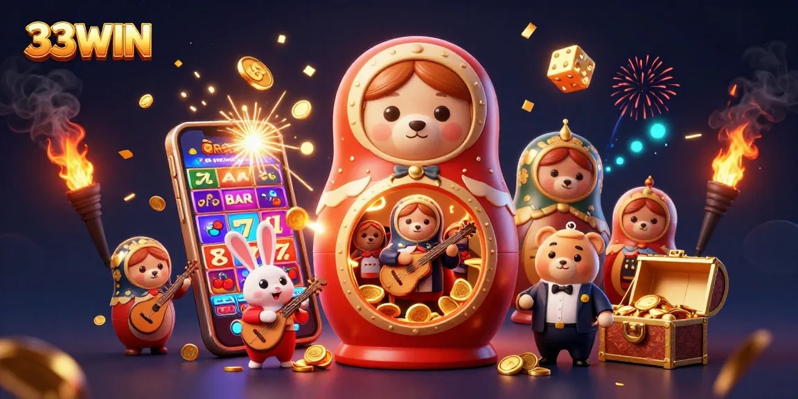 33WIN showcases captivating casino action with vibrant characters and fun gaming elements.
