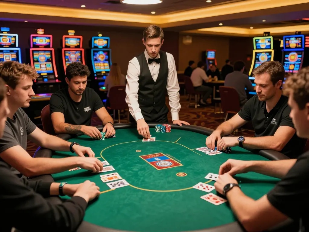 Players engaged in an exciting poker game at LC88 casino with warm lighting and thrilling atmosphere.