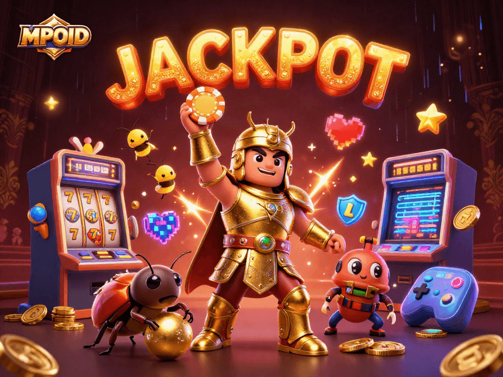 Play exciting slot games with MPOID’s vibrant illustration of a victorious beetle champion.
