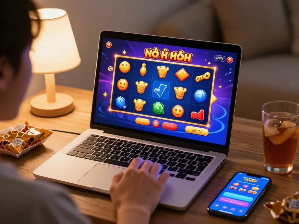 Engaging online gaming scene featuring a player enjoying nổ hũ đổi thưởng on a laptop in a cozy setting