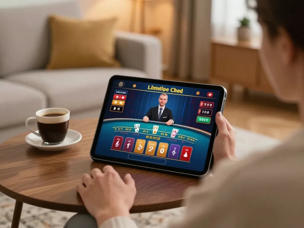 Engaging live dealer blackjack gaming experience with CM 88 on a tablet in a cozy setting
